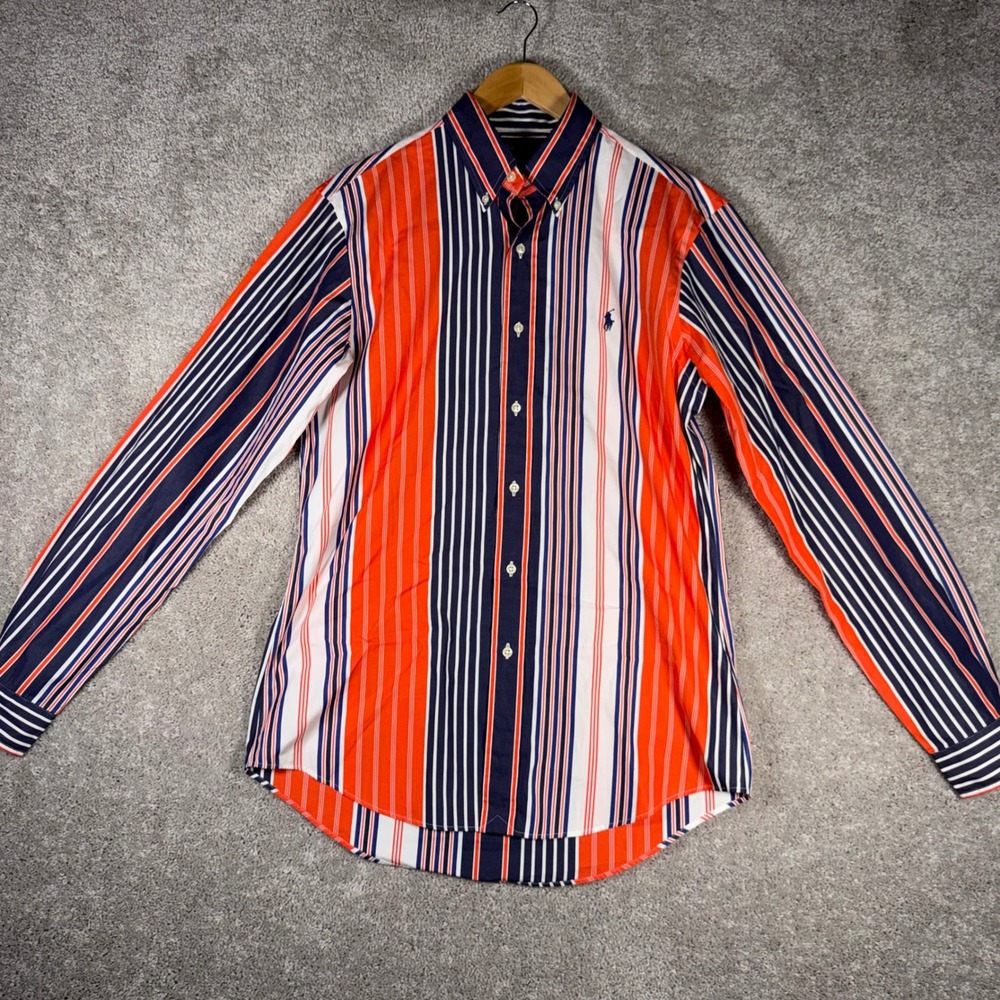 Ralph Lauren Custom Fit Men's 15.5 M Striped Button Down Shirt Orange Navy Blue